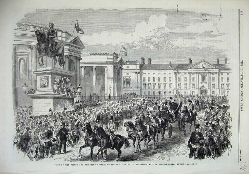 Original Old Antique Print 1868 Prince Wales Ireland Procession College Dublin