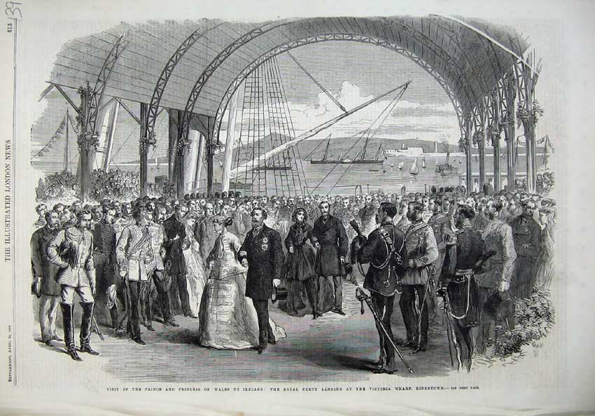 Old Antique Print 1868 Prince Wales Ireland Victoria Wharf Kingstown Ship 19th