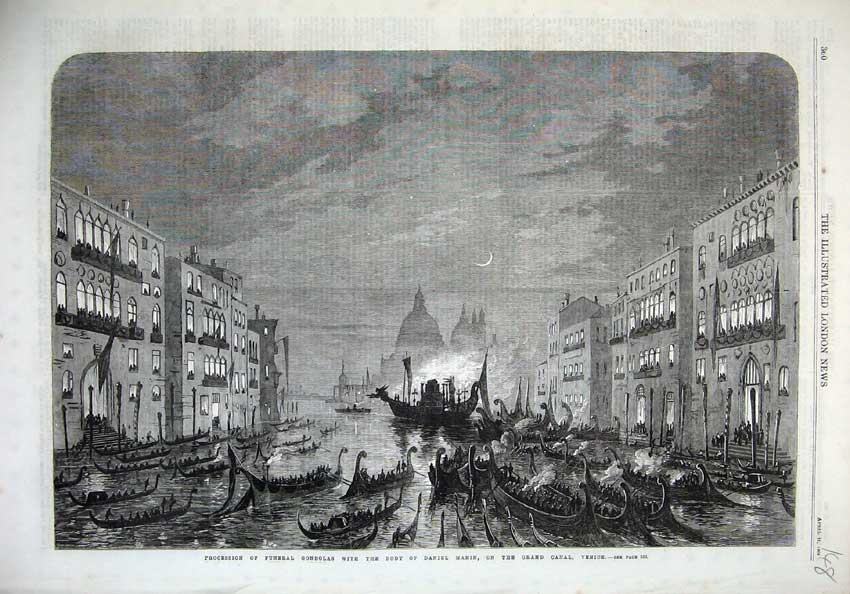 Old Antique Print 1868 Fine Art Funeral Gondolas Body Daniel Manin Venice 19th