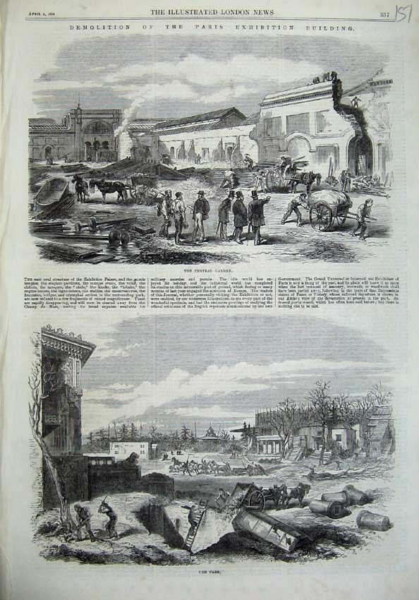 Old Antique Print 1868 Paris Exhibition Building Central Garden Park Art 19th
