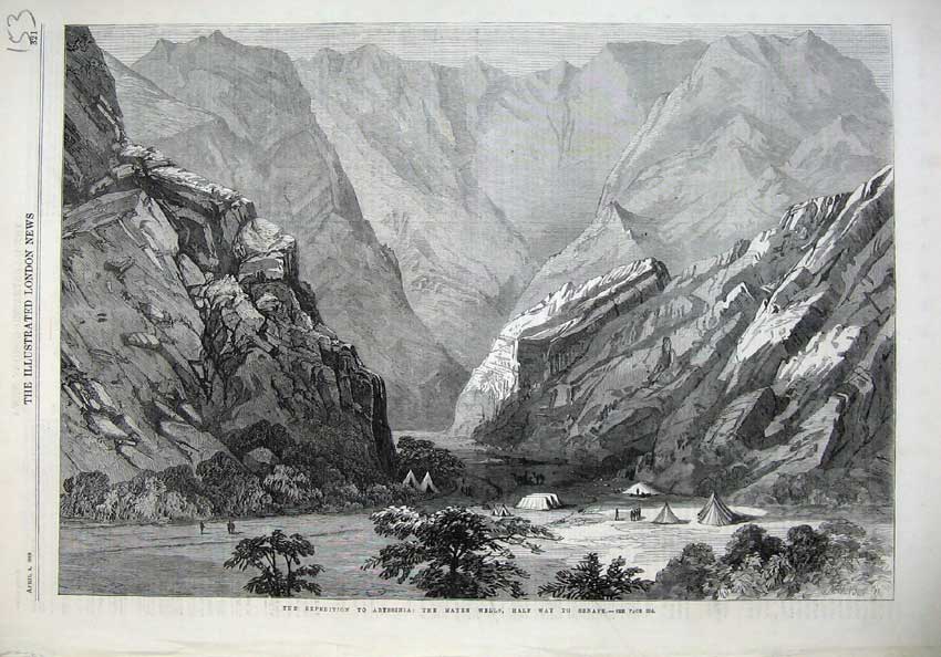 Original Old Antique Print Abyssinia 1868 Mayen Wells Half Way Senafe Mountains