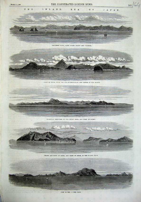 Old Antique Print 1868 Japan Bingo Nada Yosima Island Sikok Castle Osima 19th