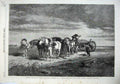 Original Old Antique Print 1868 Horses Cart Loading Sand Beach Windy Fine Art