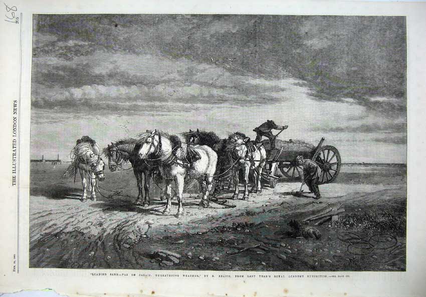 Original Old Antique Print 1868 Horses Cart Loading Sand Beach Windy Fine Art