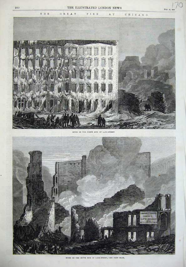 Old Antique Print 1868 Fire Chicago Ruins Lake Street Buildings Fine Art 19th