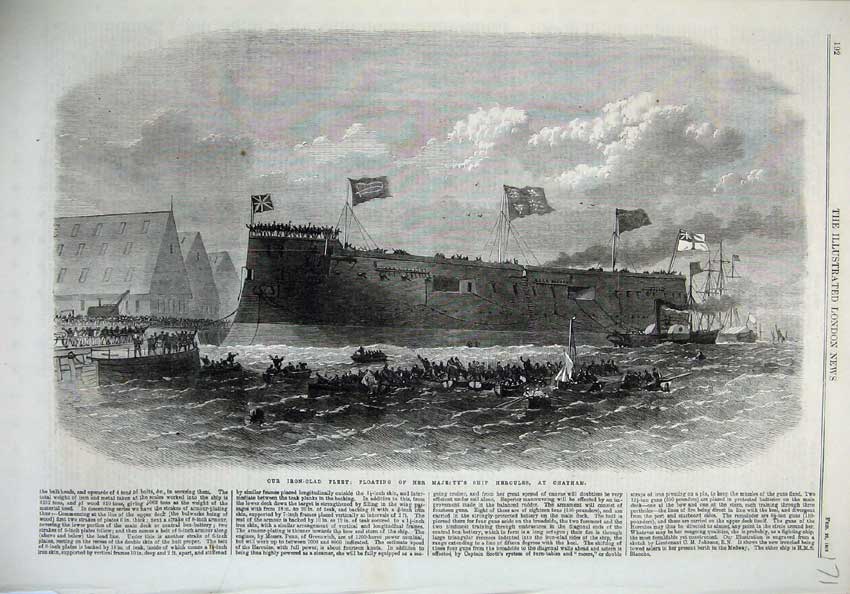 Old Antique Print 1868 Iron Clad Fleet Ship Hercules Chatham Queen Boats 19th