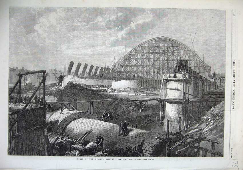Old Antique Print 1868 Works Midland Railway Terminus Euston Road London 19th