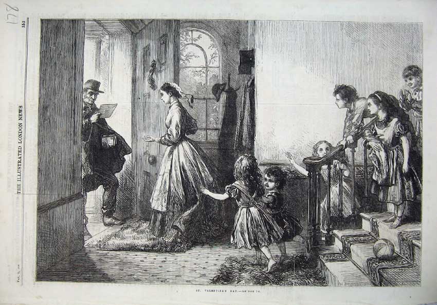 Original Old Antique Print 1868 Fine Art Valentines Day Postman Woman Children