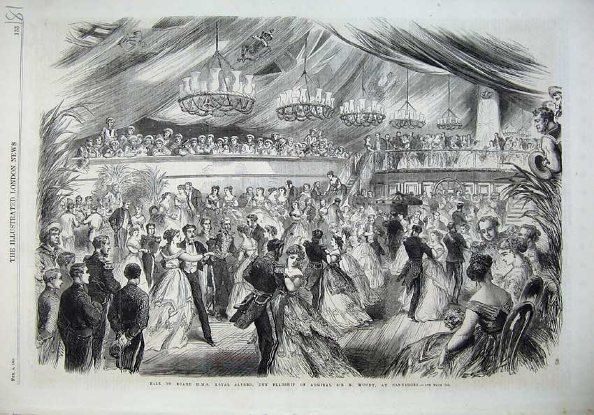 Original Old Antique Print Ball 1868 Ship Royal Alfred Flagship Mundy Barbadoes