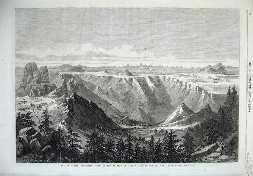 Original Old Antique Print 1868 Abyssinian Plateau Senafe Adowa Peaks Mountains