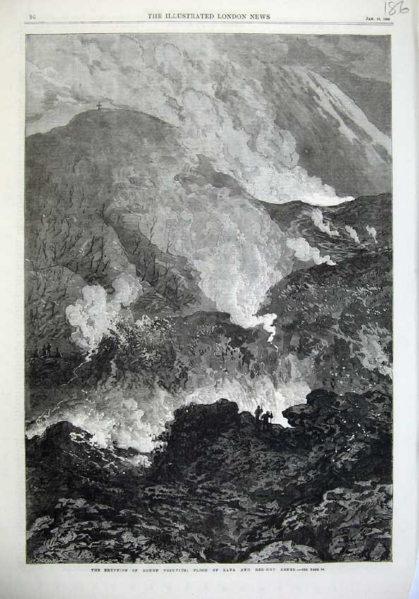 Old Antique Print Eruption Mount Vesuvius Floods Lava Ashes Fine Art 1868 19th