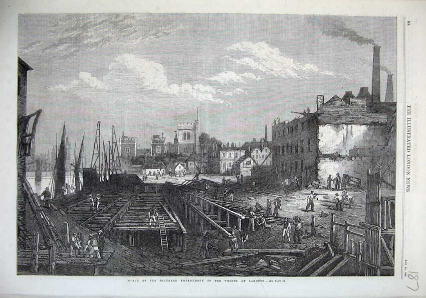 Old Antique Print Fine Art 1868 Works Embankment River Thames Lambeth Art 19th