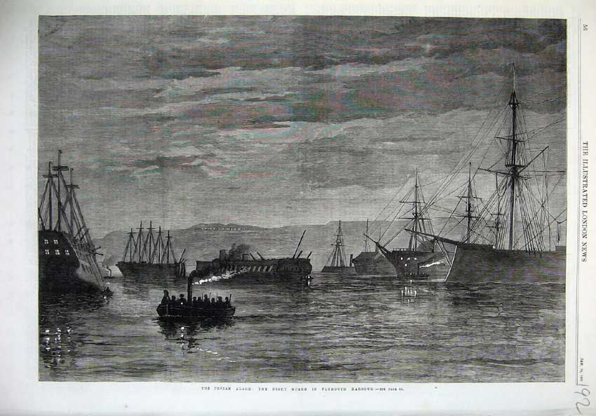 Old Antique Print 1868 Fine Art Fenian Alarm Guard Portmouth Harbour Ship 19th