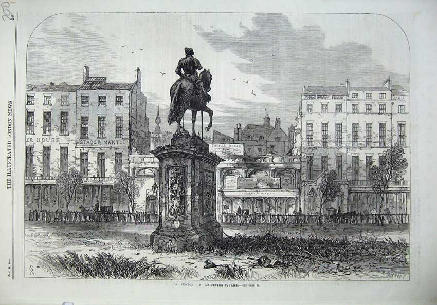 Old Antique Print 1868 Leicester Square London Statue Napoleon Fine Art 19th