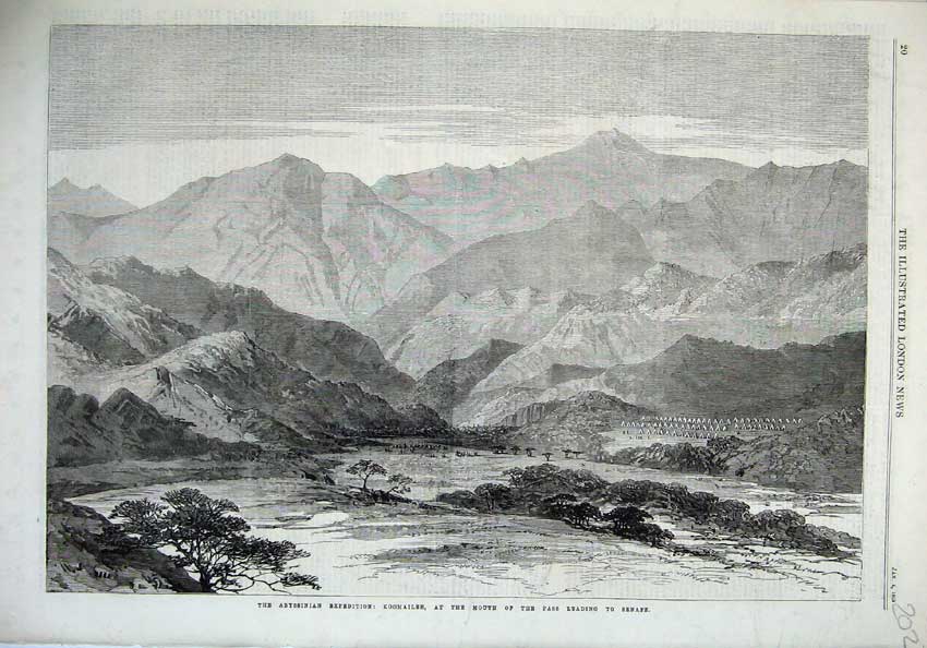Original Old Antique Print 1868 Abyssinian Koomailee Pass Senafe Mountains 19th