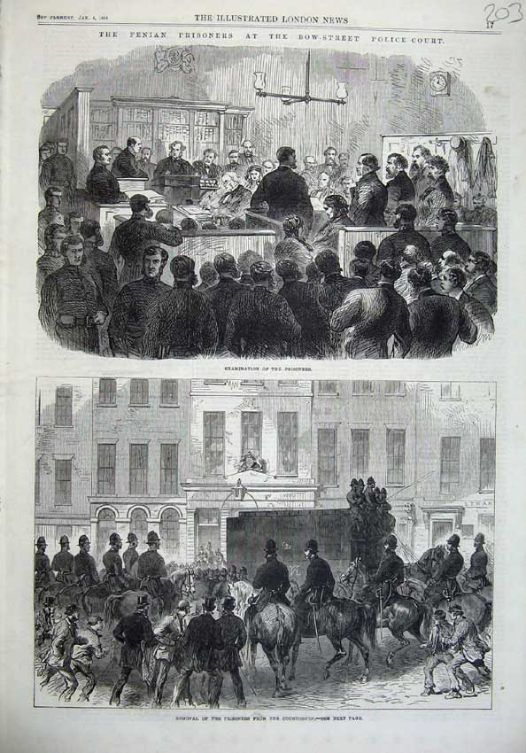 Original Old Antique Print Fenian Police Court 1868 Prisoners Courthouse Horses