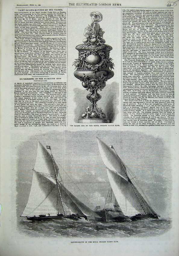 Old Antique Print 1868 Sailing Royal Thames Yacht Club Cup Ship Boat Sea 19th