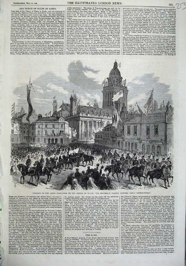 Old Antique Print 1868 Leeds Exhibition Prince Wales George Street Horses 19th