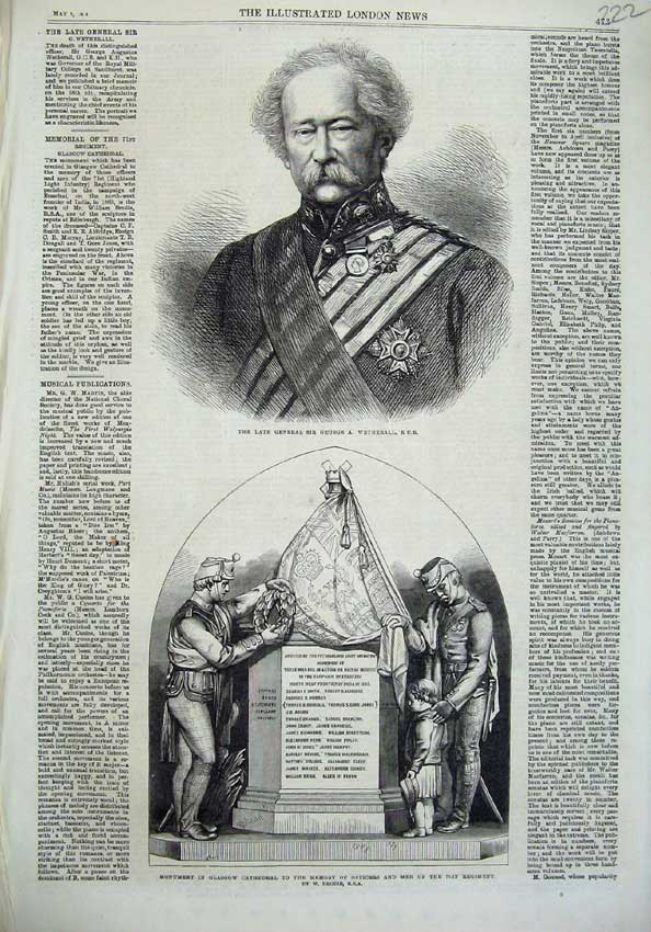 Old Antique Print General George Wetherall 1868 Monument Glasgow Church 19th