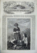 Original Old Antique Print 1868 Fine Art Children Dogs Country Mother Knitting