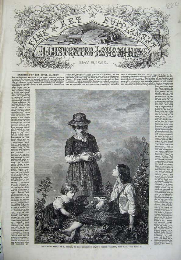 Original Old Antique Print 1868 Fine Art Children Dogs Country Mother Knitting