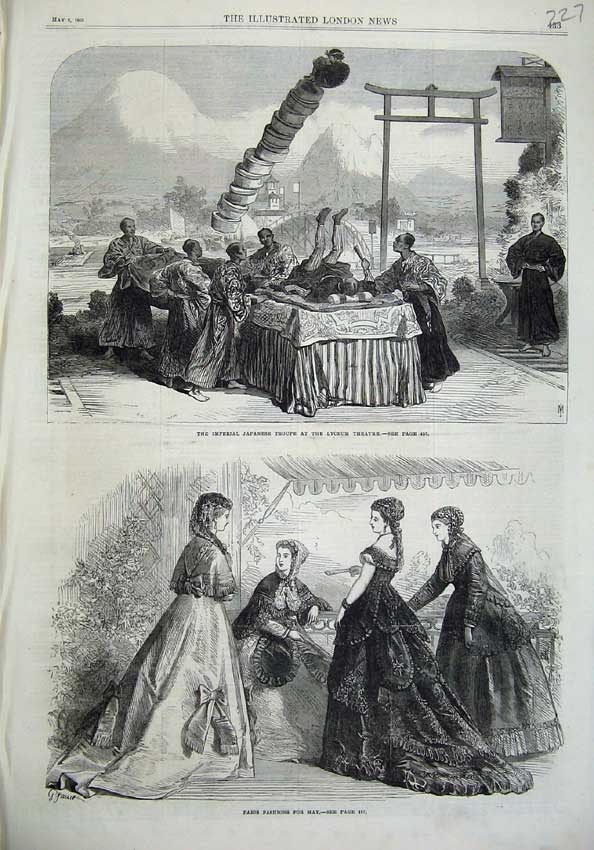 Original Old Antique Print Paris Fashion 1868 Japanese Troupe Lyceum Theatre