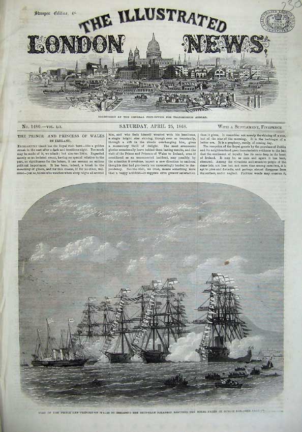 Old Antique Print 1868 Ships Prince Wales Ireland Royal Yacht Dublin Bay 19th
