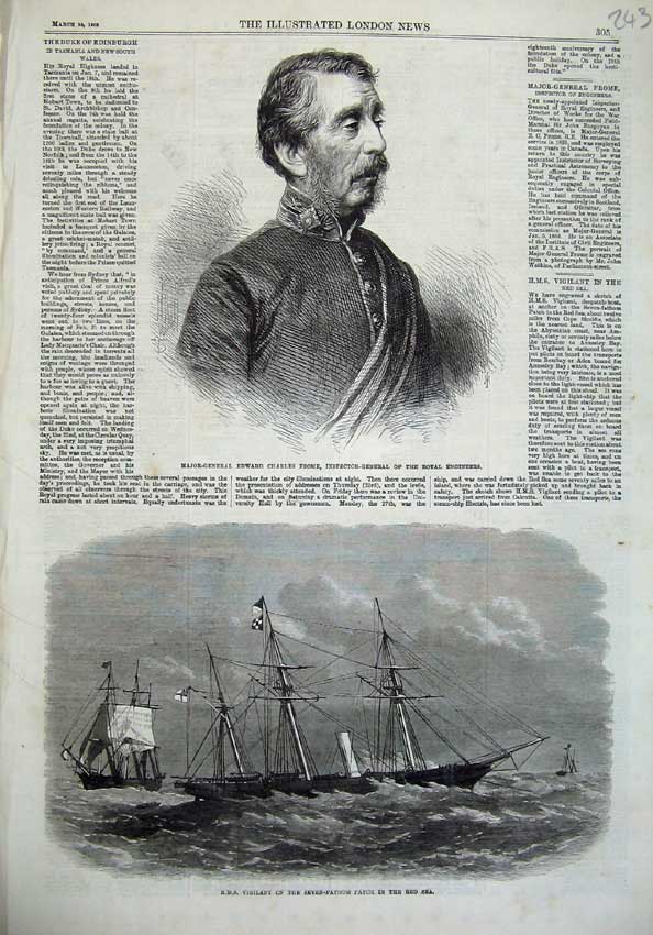Old Antique Print Edward Frome Royal Engineers 1868 Ship Vigilant Red Sea 19th