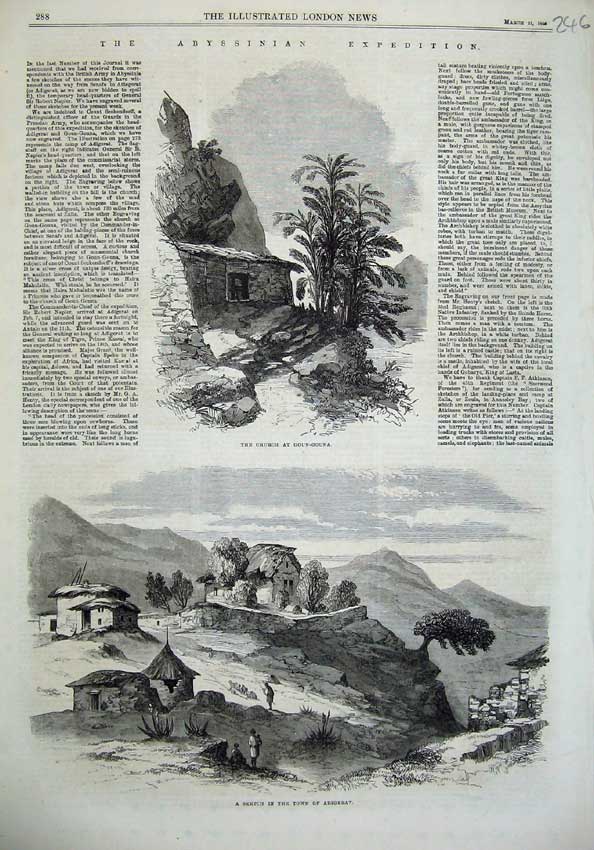 Original Old Antique Print 1868 Abyssinia Church Goun-Gouna View Town Adigerat