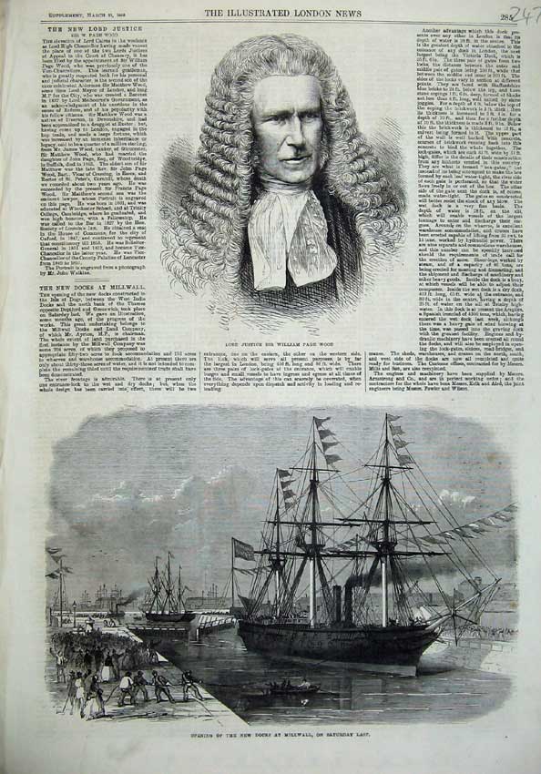 Old Antique Print Lord Justice William Page Wood 1868 Dock Millwall Ship 19th