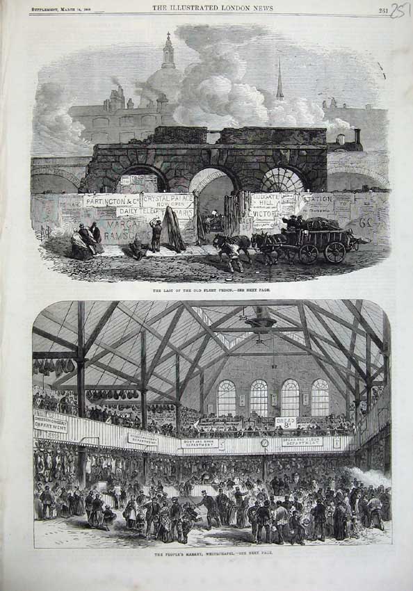 Original Old Antique Print Fleet Prison Train 1868 People'S Market Whitechapel
