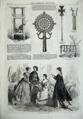 Old Antique Print Paris Fashion 1868 Bells Musical Cymbals Cross Tabota 19th