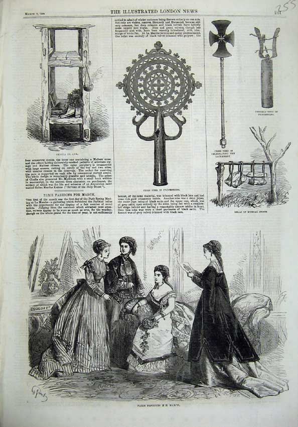 Old Antique Print Paris Fashion 1868 Bells Musical Cymbals Cross Tabota 19th