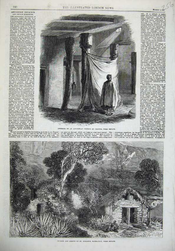 Original Old Antique Print 1868 Abyssinian Church Chaffa Church Shrine Romanus