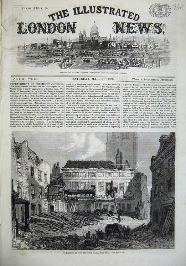 Old Antique Print Fine Art 1868 Demolition Saracen'S Head Snow-Hill House 19th