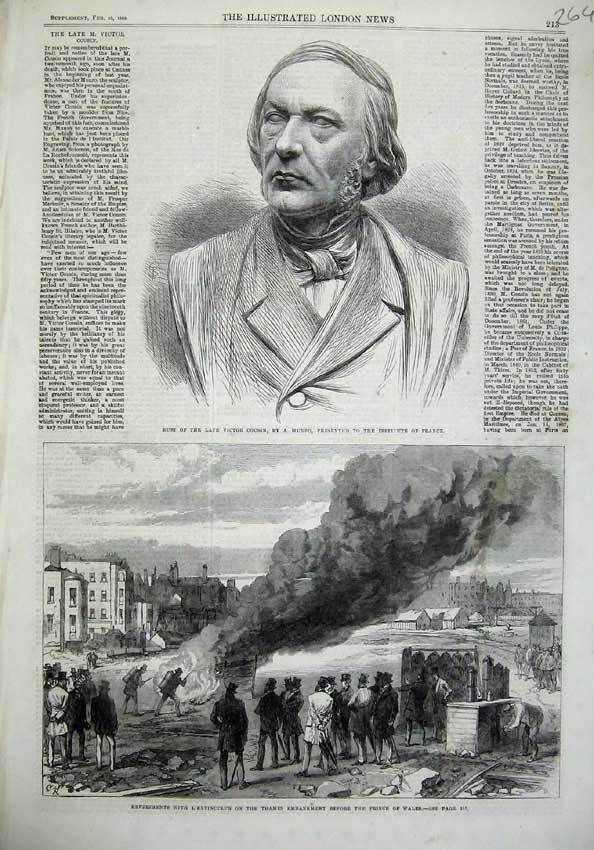 Old Antique Print Bust Victor Cousin 1868 Experiments Thames Embankment 19th