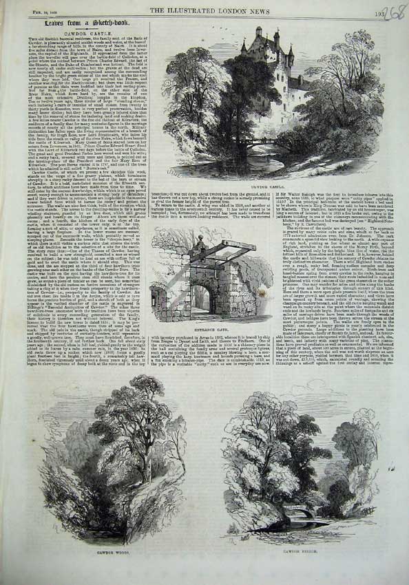 Original Old Antique Print Cawdor Castle Entrance Gate Woods River Bridge 1868