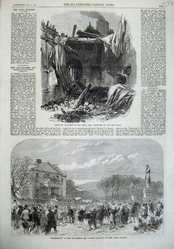Original Old Antique Print Ruins Ford Bow 1868 Manchester Life-Boat Salford