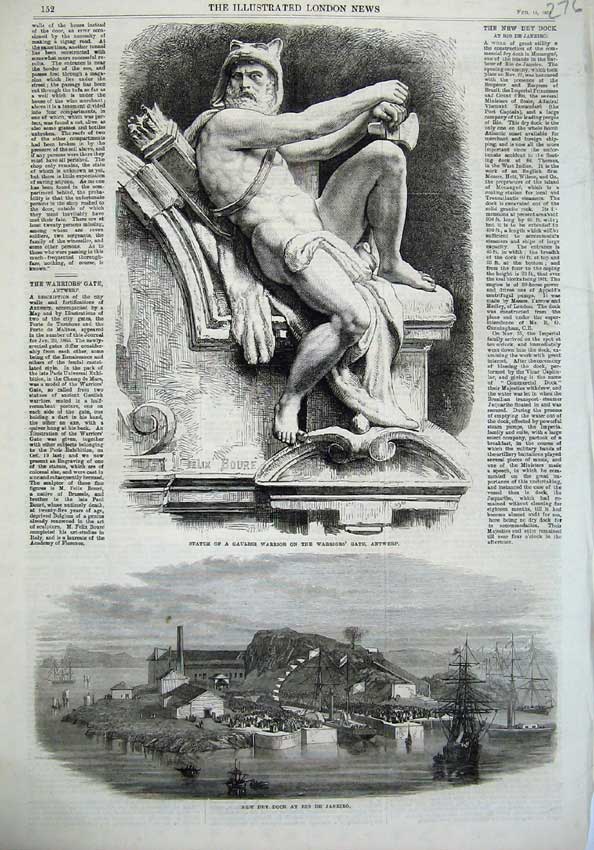 Original Old Antique Print Statue Gaulish Warrior Antwerp 1868 Dock Rio Janeiro