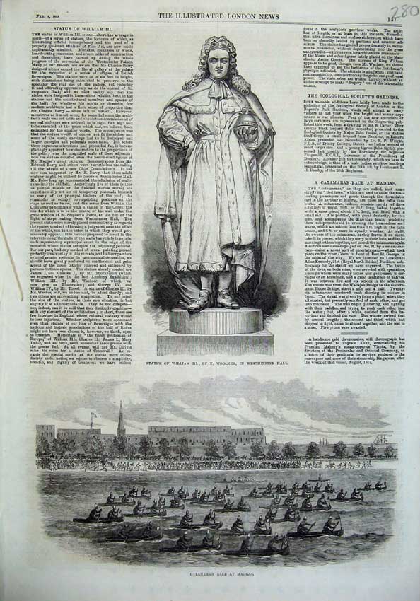 Old Antique Print 1868 Statue William Westminster Catamaran Race Madras 19th