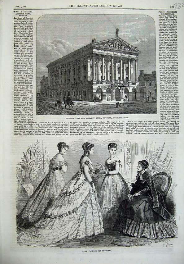 Old Antique Print Paris Fashion 1868 Victoria Hall Assembly Monmouthshire 19th