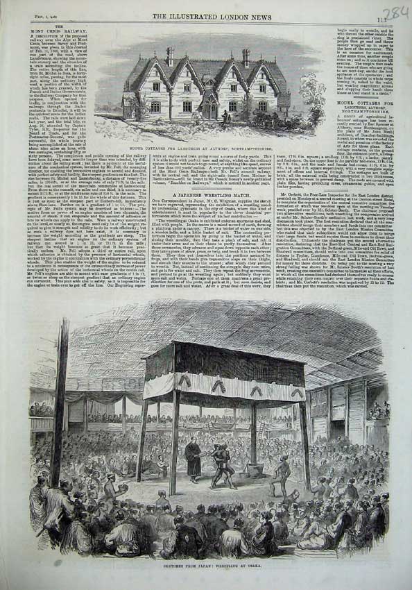 Old Antique Print Cottages Labourers Althorp 1868 Japan Wrestling Osaka 19th