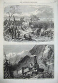 Original Old Antique Print Train Engine Mont Censis Railway 1868 Africa Natives