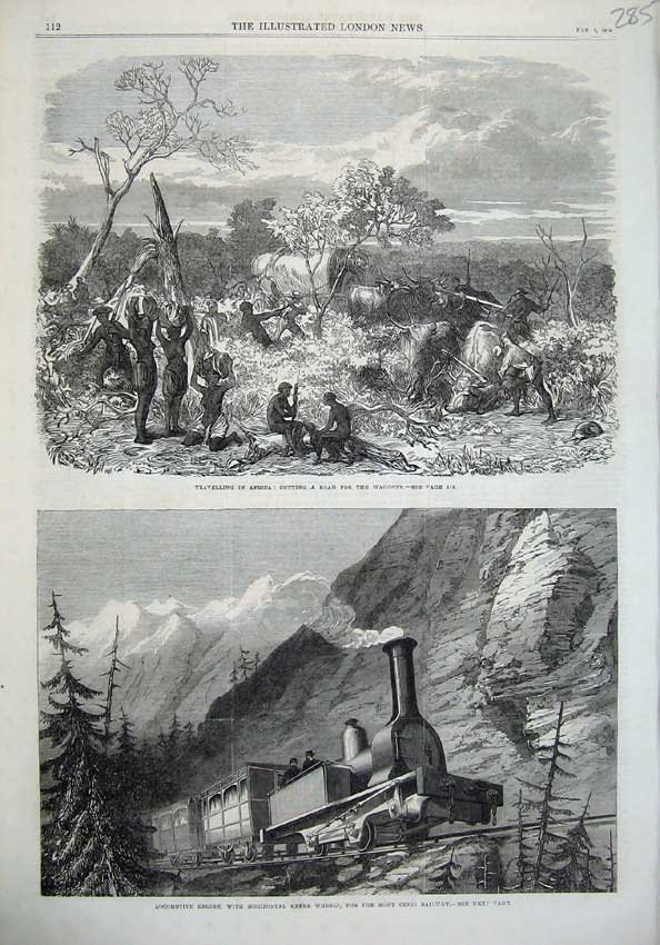 Original Old Antique Print Train Engine Mont Censis Railway 1868 Africa Natives