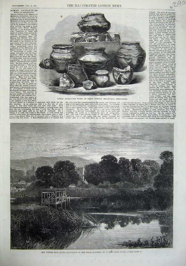 Old Antique Print Roman Antiquities Derbyshire 1868 Lanscape Lake Goodall 19th