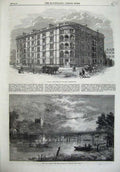 Old Antique Print Buildings Mall Kensington 1868 Iron Bridge Cookham Boat 19th