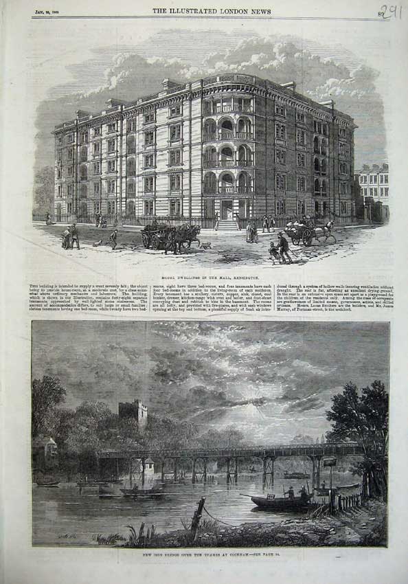 Old Antique Print Buildings Mall Kensington 1868 Iron Bridge Cookham Boat 19th