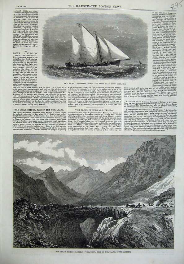 Old Antique Print 1868 Inca'S Bridge Uspallata America Ship Port Adelaide 19th