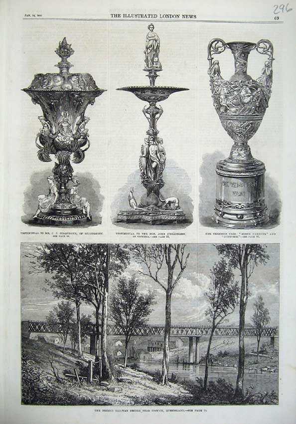Old Antique Print Bremner Railway Bridge Australia 1868 Testimonial Vase 19th