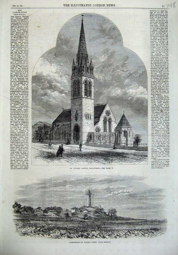 Old Antique Print 1868 Peter'S Church Edinburgh Lighthouse Colaba Bombay 19th